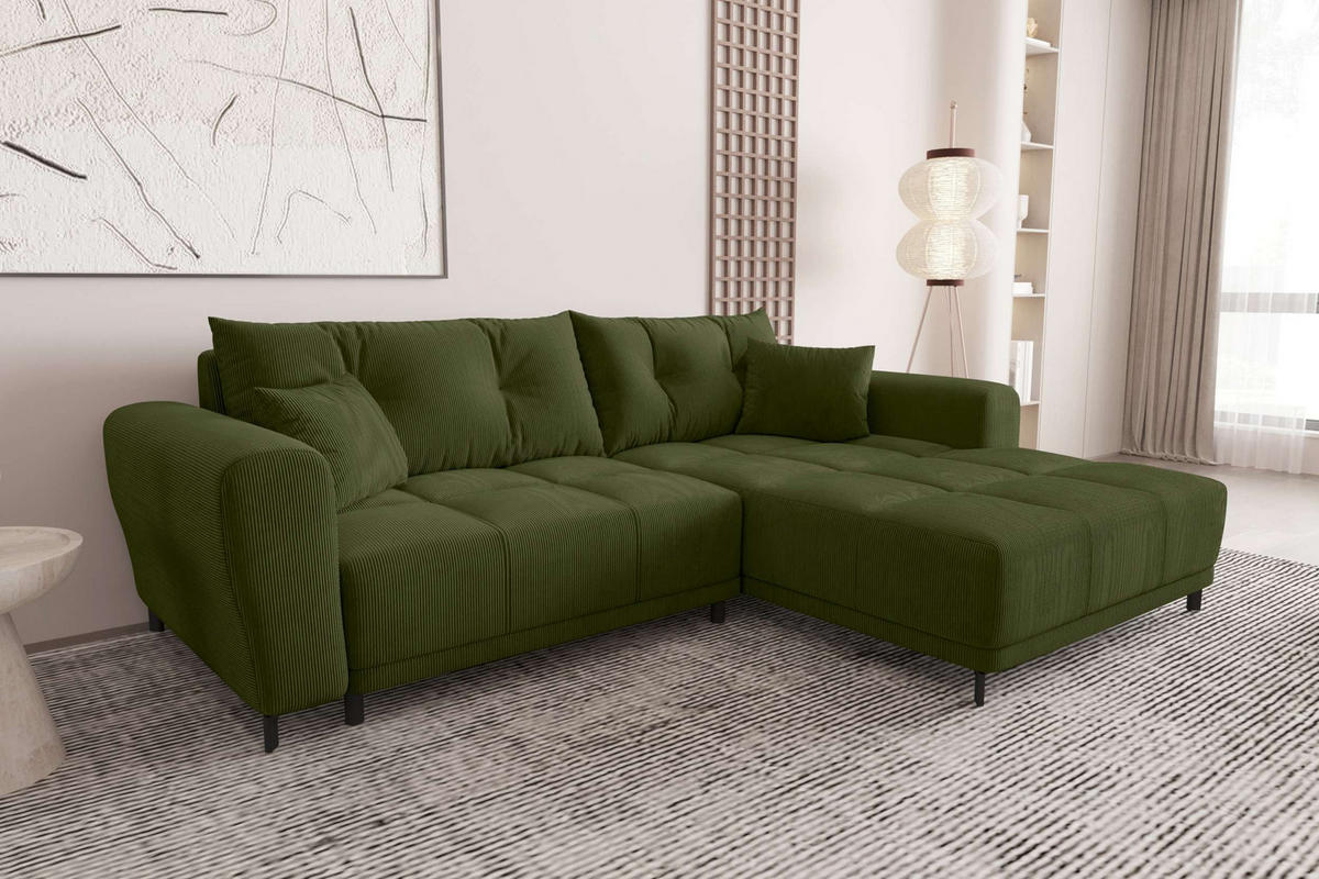 ECKSOFA Massimo Cordstoff Olivgrün inkl. Schlaffunktion Rechts - Schwarz/Olivgrün, Textil/Metall (246/177cm) - 99rooms