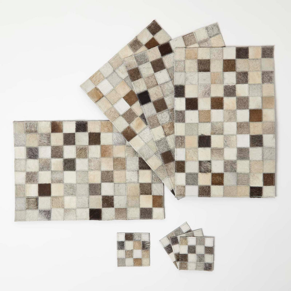 TISCHSET 4er-Set grau-beige, Patchwork-Karo, Fell & Leder, 30/46 cm - Grau, Leder (30/46cm) - Homescapes