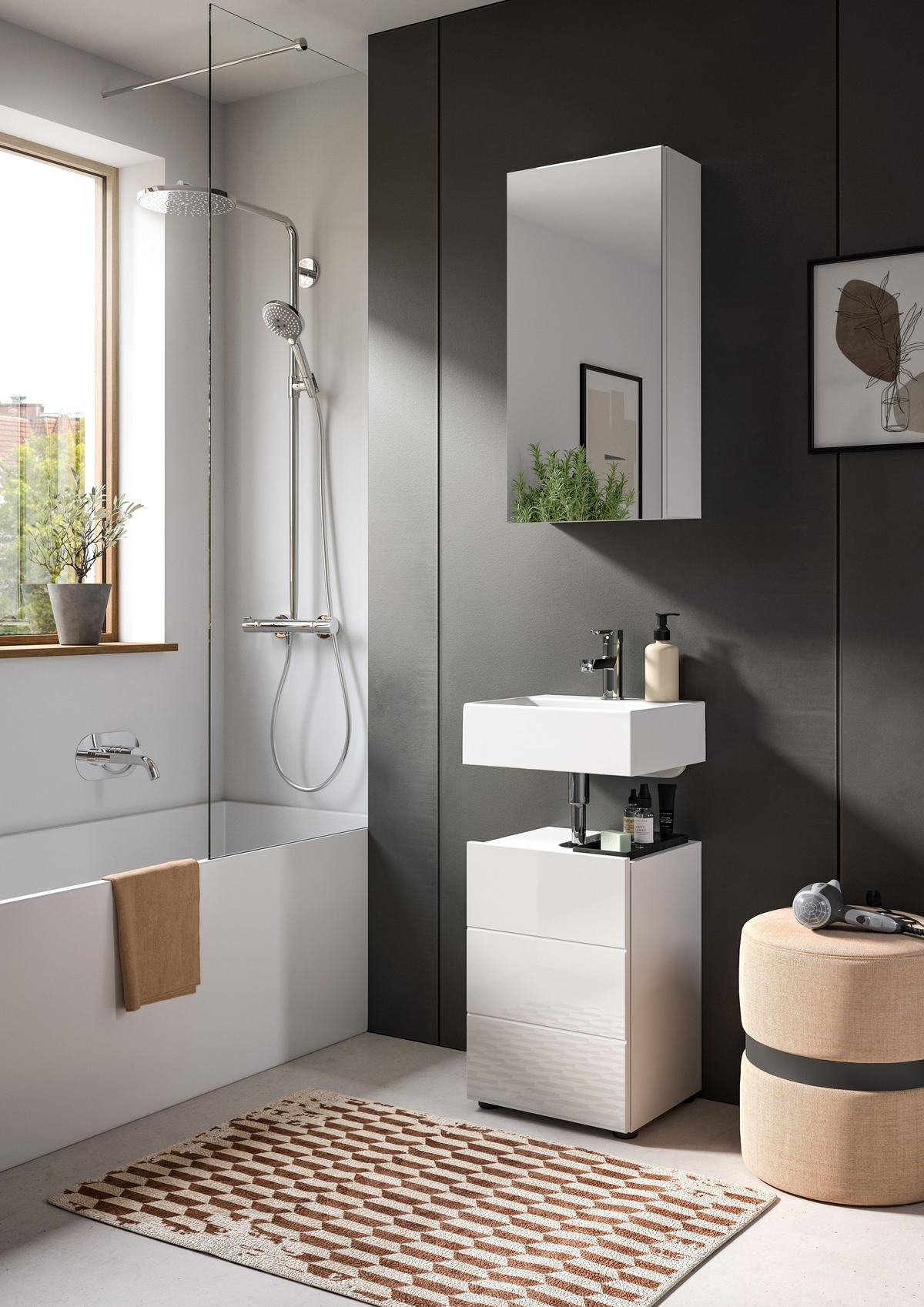 BADKOMBINATION 2tlg. Vira Bad in weiß Melamin und weiß hochglanz B/H/T: 38x190x34 cm - Weiß, Holz (38/190/34cm)