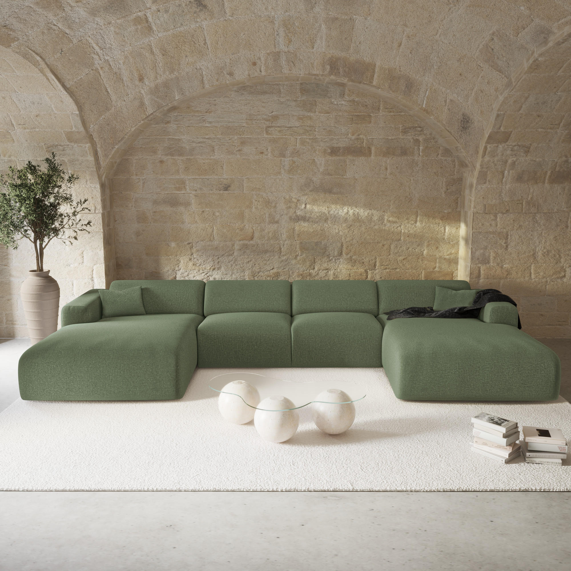 WOHNLANDSCHAFT Rastergewebe Olivgrün 356cm - Olivgrün, Textil (356/73/166cm) - Sia Home