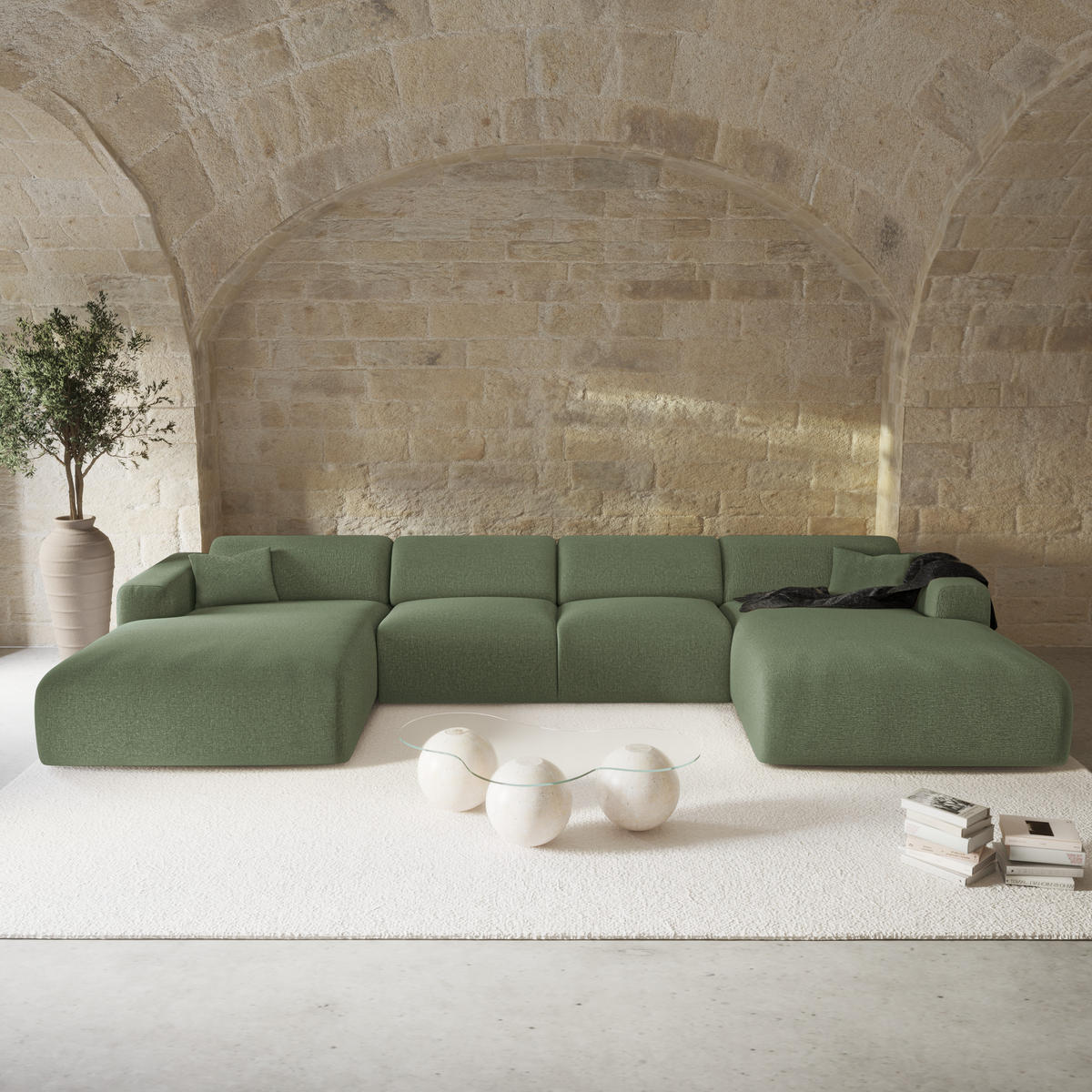 WOHNLANDSCHAFT Rastergewebe Olivgrün 356cm - Olivgrün, Textil (356/73/166cm) - Sia Home