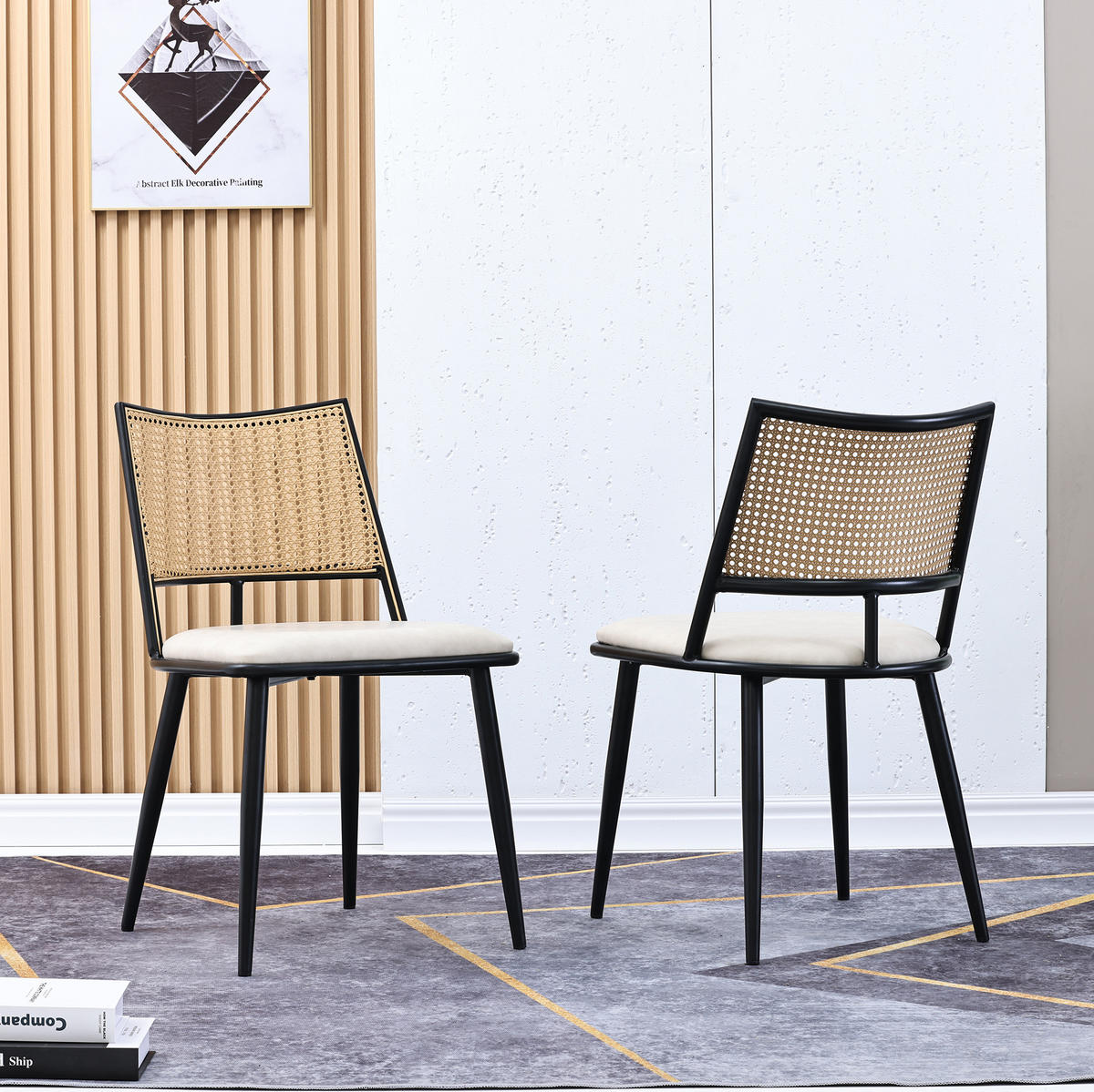 ESSZIMMERSTUHL 6er-Set mit PU-Sitz und Rattan-Rückenlehne Schwarz - Schwarz, Metall (46/80/48.1cm) - Meubliv