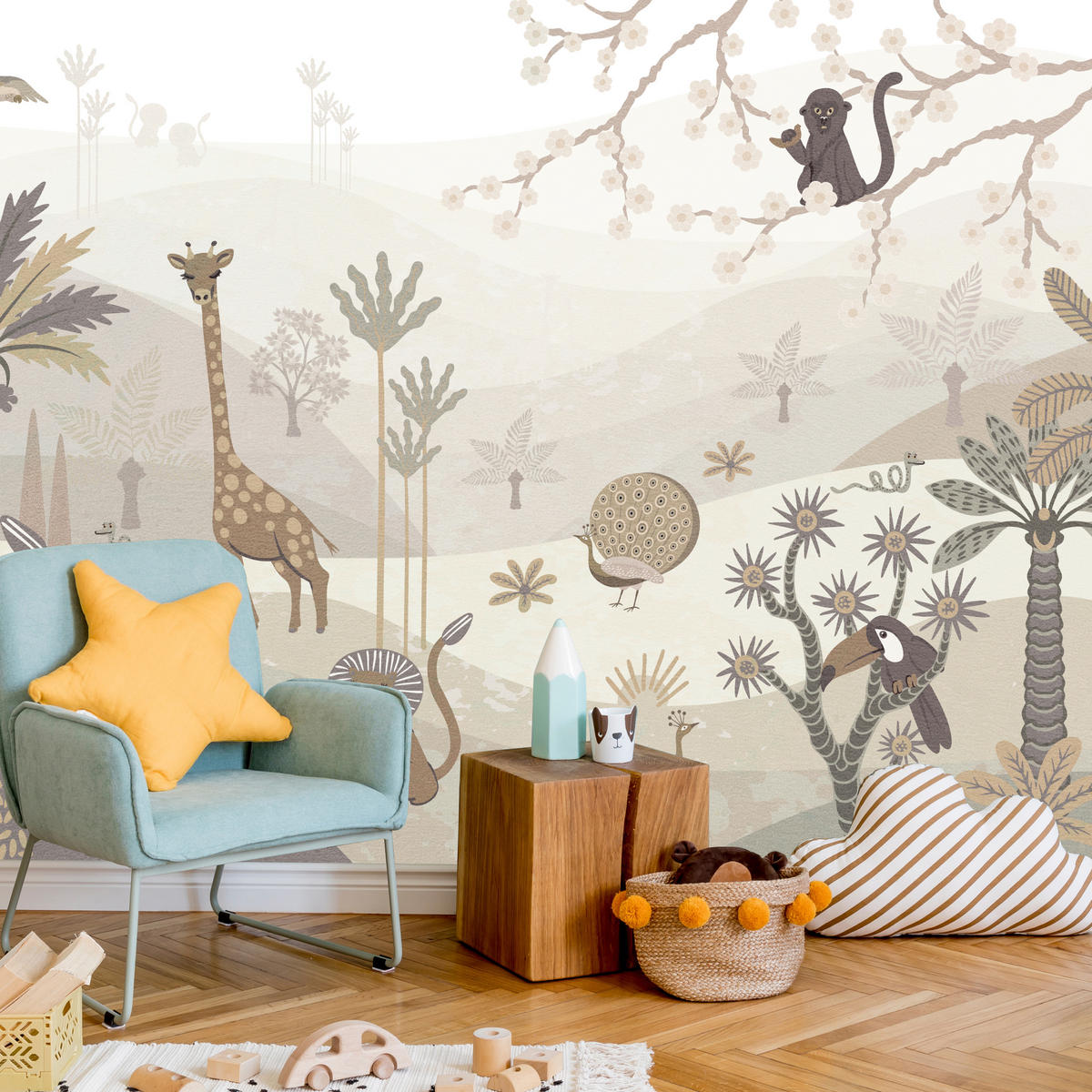 FOTOTAPETE für Kinderzimmer Safari Wilde Tiere Dschungel Boho Palmen Giraffe 500x350 - Beige/Creme, Papier (500/350cm) - Muralo
