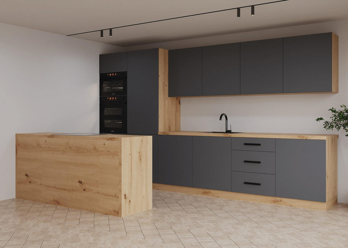INSELKÜCHE Nexa Grau – 360 cm + Insel 180 cm – K104-G360 - Schwarz/Grau, Holzwerkstoff/Metall (360/210/60cm) - ROYAL24_MARKT