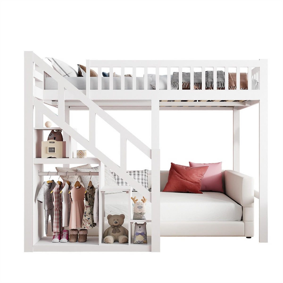 HOCHBETT 140x200 cm - Multifunktionales Kinderbett mit Treppenregal und hohem Rausfallschutz - ohne Matratze - Weiß - Weiß, Holz (140/200cm) - DELFA