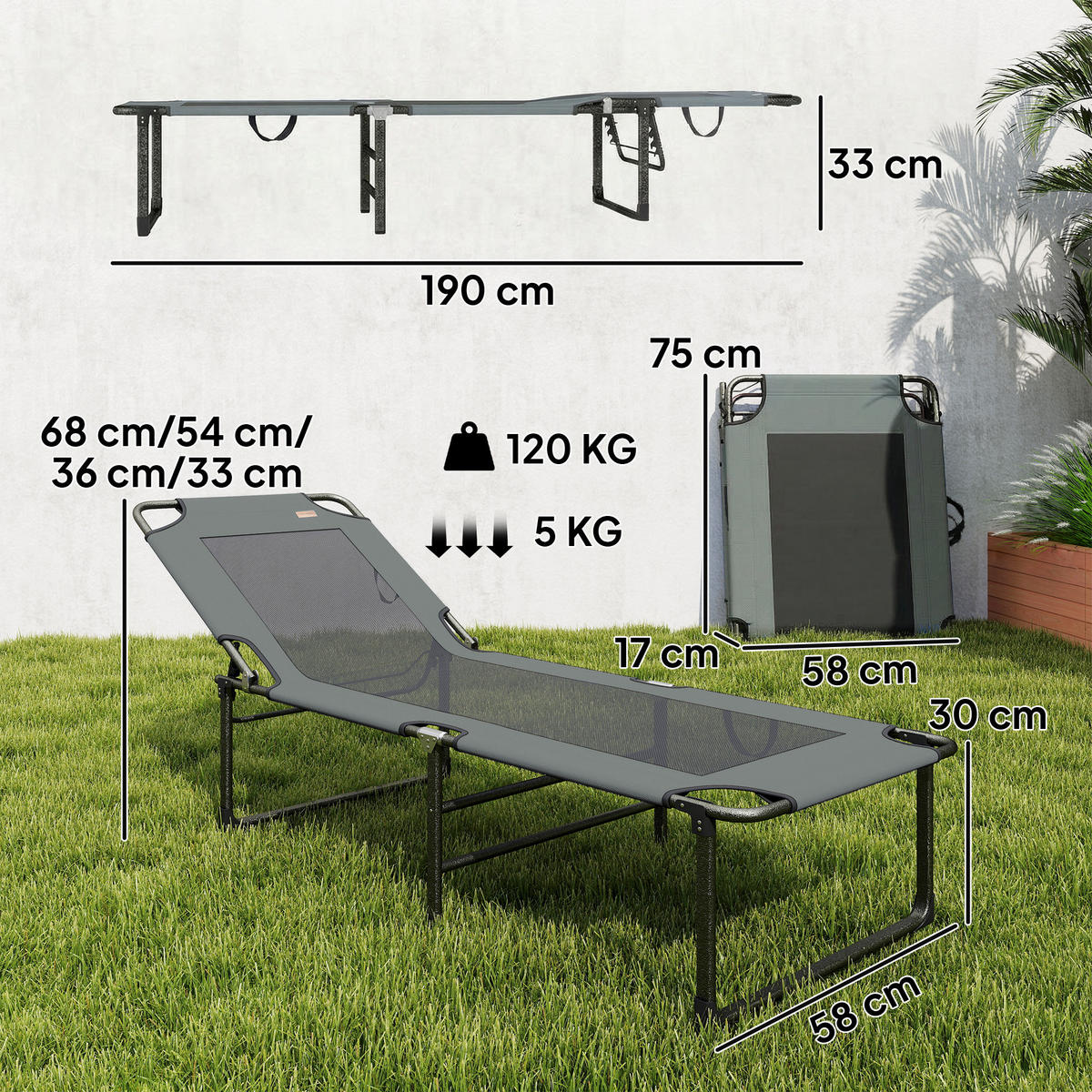 OUTDOOR-KLAPPLIEGE, Einheitsmodell, Gris, 4-fach verstellbar mit Griff - Grau, Metall (175/68/58cm) - Vallsero
