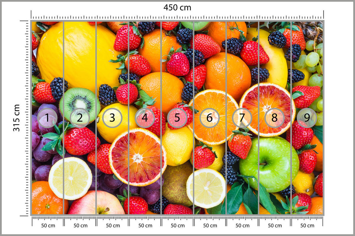 FOTOTAPETE für Küche Frische Früchte Erdbeeren Orangen Zitronen Farbenfroh 450x315 - Gelb/Beige, Papier (450/315cm) - Muralo