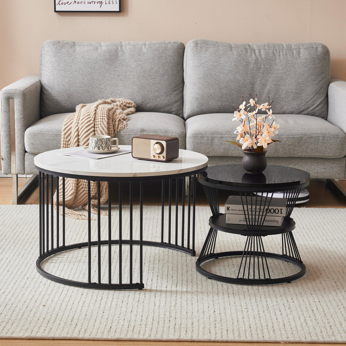 COUCHTISCH Nesting Set 2-tlg Hochglanz Marmoroptik Schwarz Rahmen Rund - Schwarz, Holz (79/76/17cm) - FLIEKS