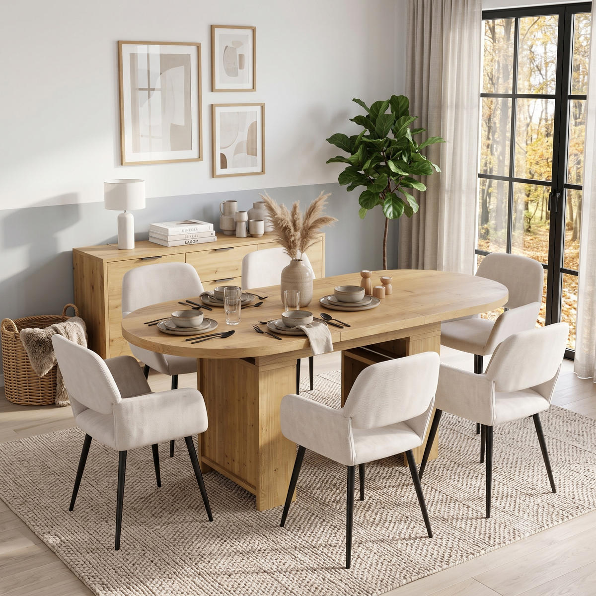 ESSGRUPPE 1+6 Ausziehbarer Tisch Eiche 150-200cm & 6 Armlehnstühle Beige - Eichefarben, Holzwerkstoff (200/76/90cm) - Urban Meuble