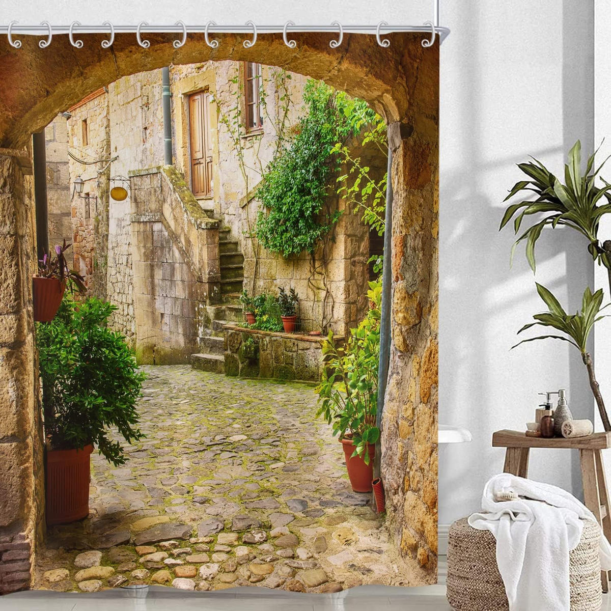 DUSCHVORHANG 3D Pflanzen Landschaft außen wasserdicht Stoff mit Haken Badewanne - Multicolor, Textil (200/180cm) - MCBOSON
