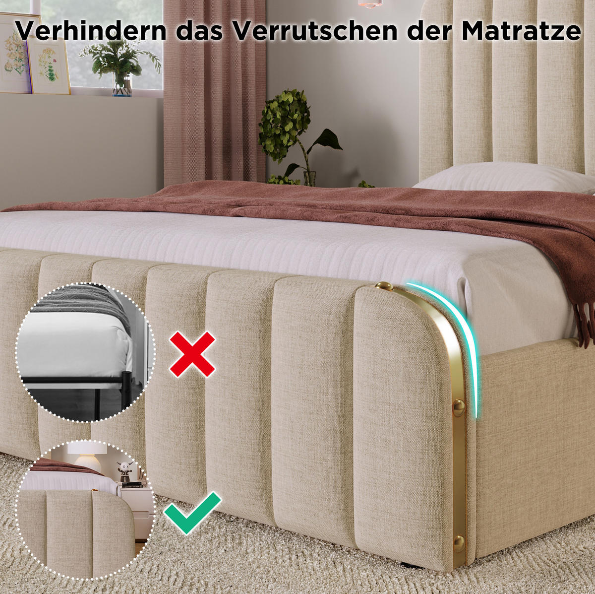 POLSTERBETT 90/200 cm mit Bettkasten, USB-C und gepolstertem Kopfteil in Beige - Beige, Textil (90/200cm) - BEAOK
