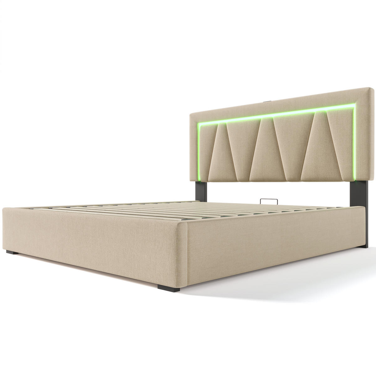 ČALÚNENÁ posteľ z ľanového materiálu 140x200 cm béžová s LED osvetlením, USB a úložným priestorom - béžová, textil (140/200cm) - Modfu