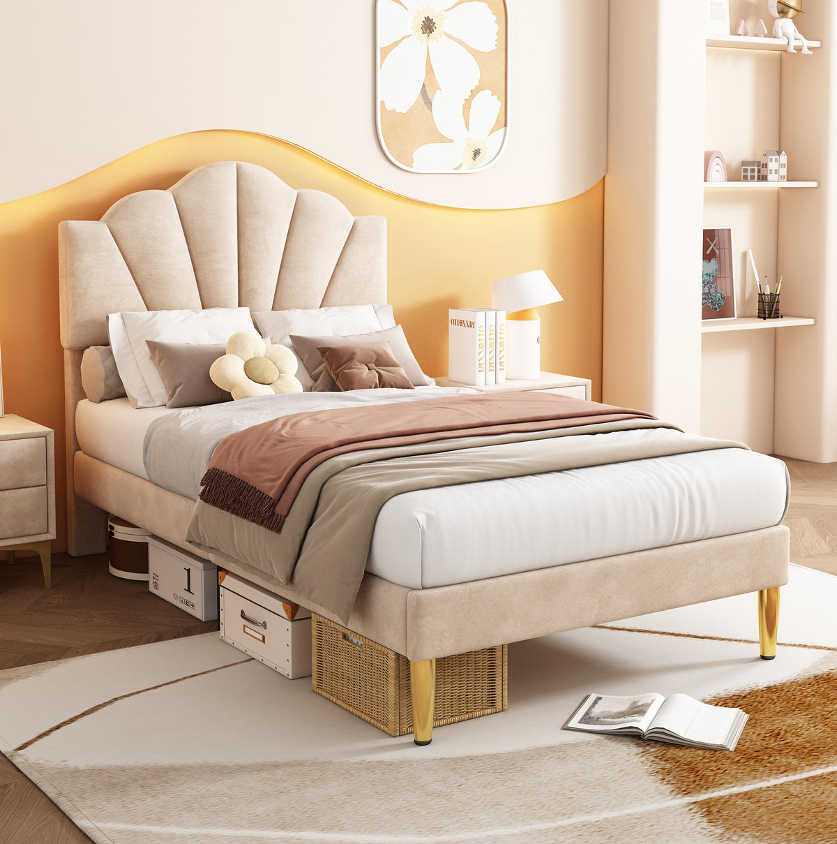 POLSTERBETT 90/200 cm Beige mit muschelartigem Kopfteil und höhenverstellbarem Kopfteil - Beige, Textil (90/200cm) - OKWISH