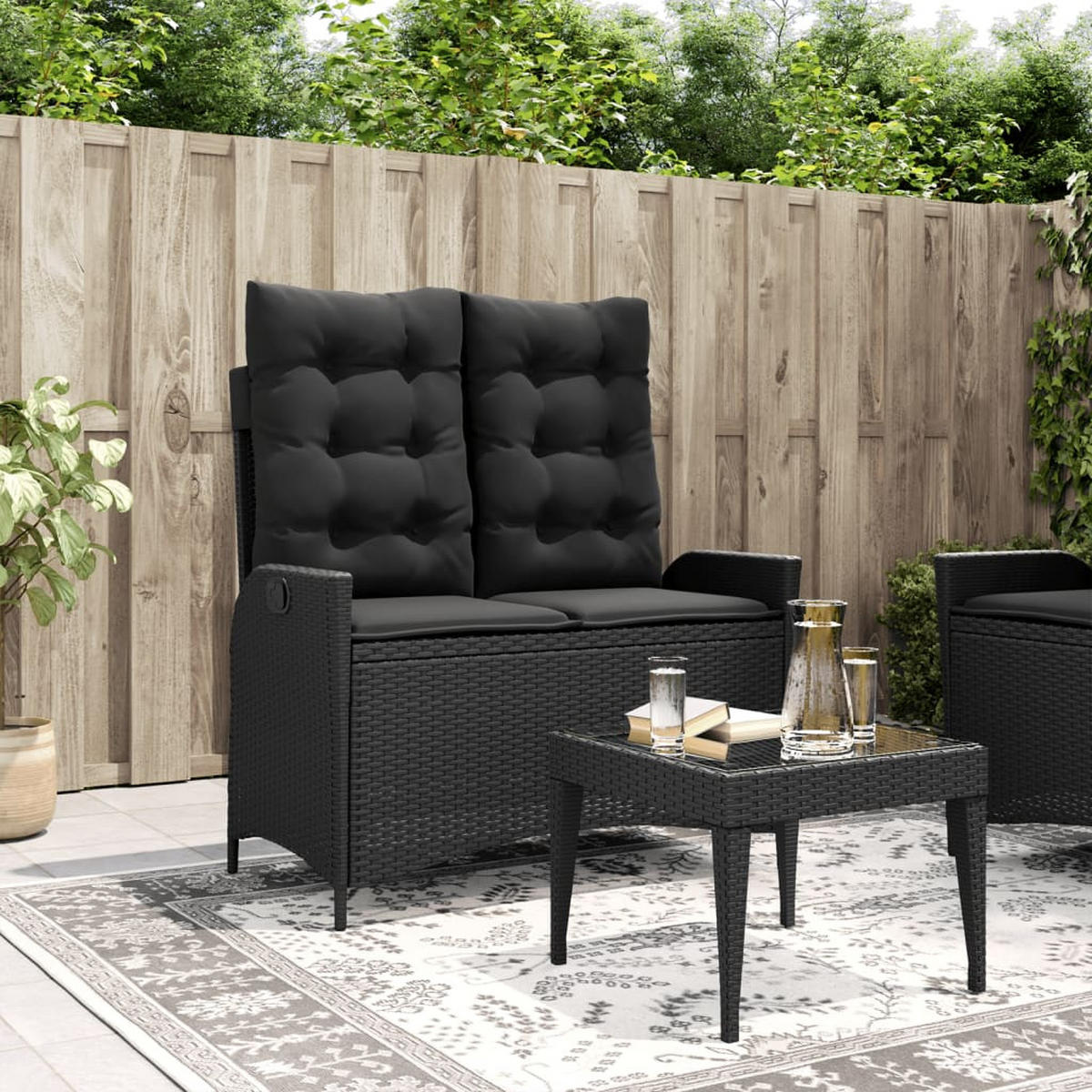 GARTENBANK Verstellbar mit Kissen Schwarz Poly Rattan - Schwarz, Kunststoff (104/93/59cm) - furnicato