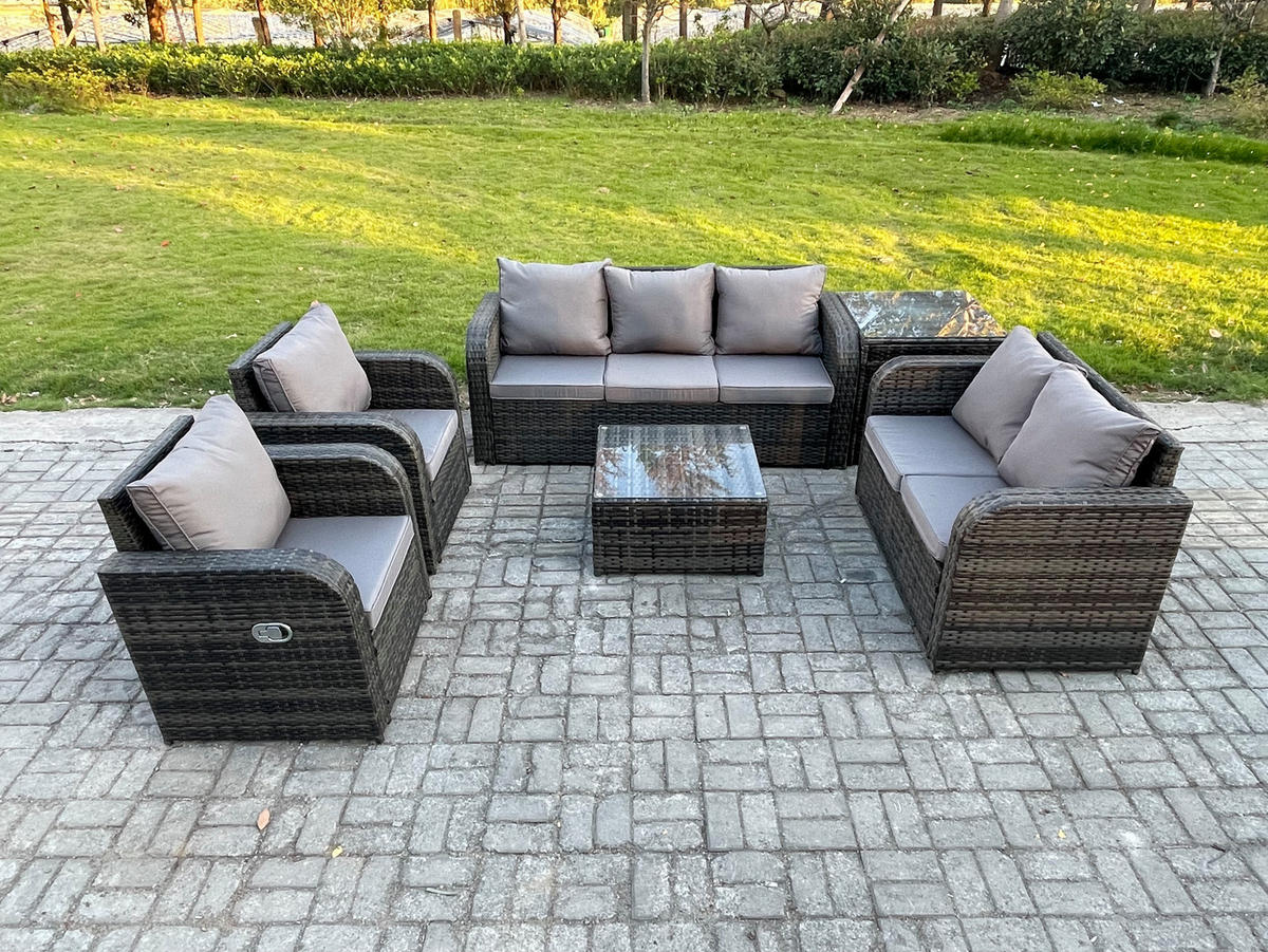 GARTENSOFA SET mit Couchtisch Polyrattan Dunkelgrau 6-teilige - Dunkelgrau/Grau, Glas/Kunststoff - Fimous