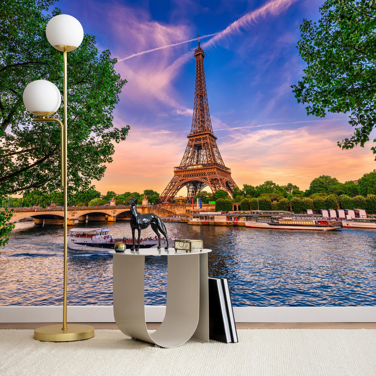 FOTOTAPETE Eiffelturm Paris Architektur 3D 500x350 - Blau/Gelb, Papier (500/350cm) - Muralo