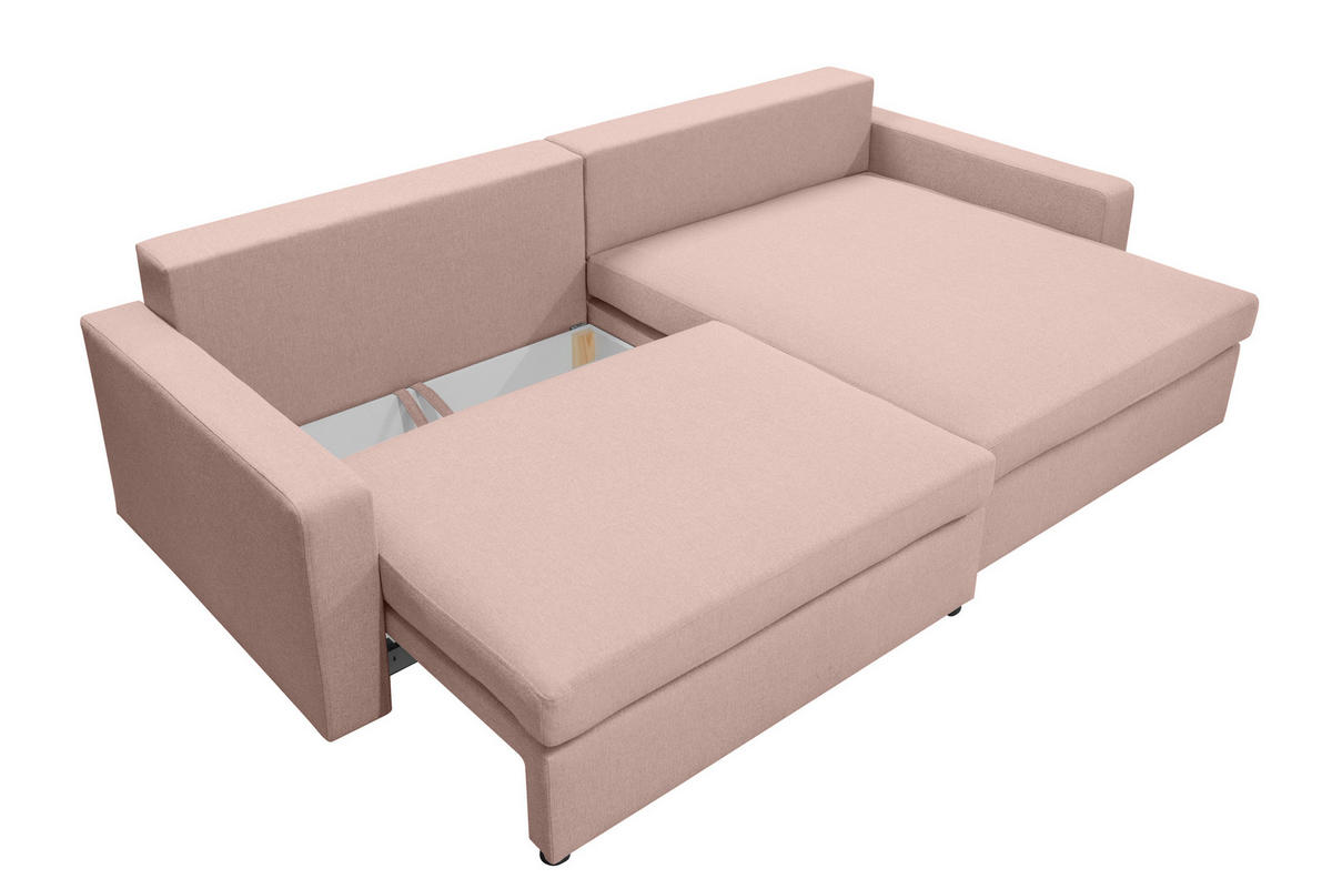 ECKSOFA Mit Schlaffunktion Und Bettzeugablage LUBEKA Stoff Faro Rosa Rechts - Rosa, Holz (224/147cm) - Kaiser Möbel