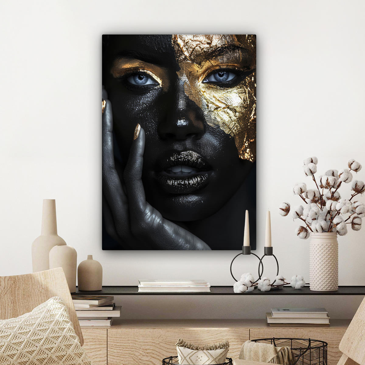 LEINWANDBILD Frau - Gold - Porträt - Schwarz-Weiß - Luxus 60x80 cm - Hellblau, Textil (60/80cm) - MuchoWow