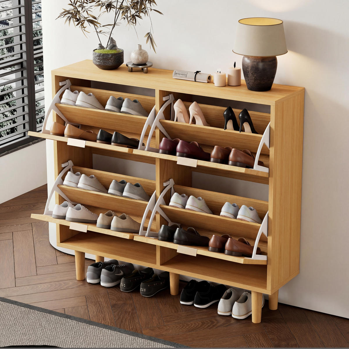 SCHUHSCHRANK mit 4 Klappen 100/25/90 cm in Eichenoptik mit Rattanfront - Naturfarben, Holzwerkstoff (100/90/25cm) - BEAOK