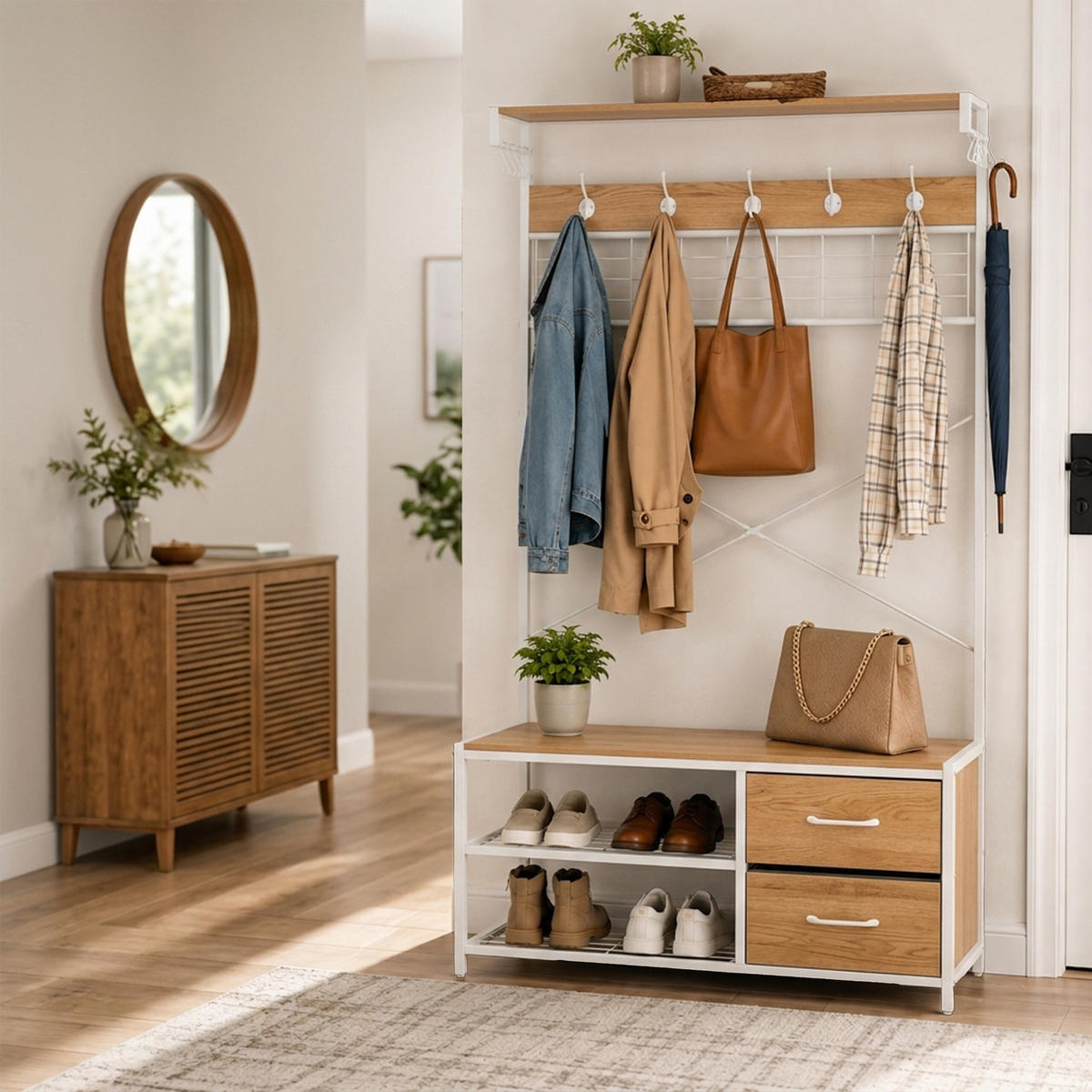 GARDEROBENSTÄNDER Holzoptik Weiß mit Schuhbank 176 cm - Multicolor, Holzwerkstoff/Textil (80/176/30cm) - Relaxdays