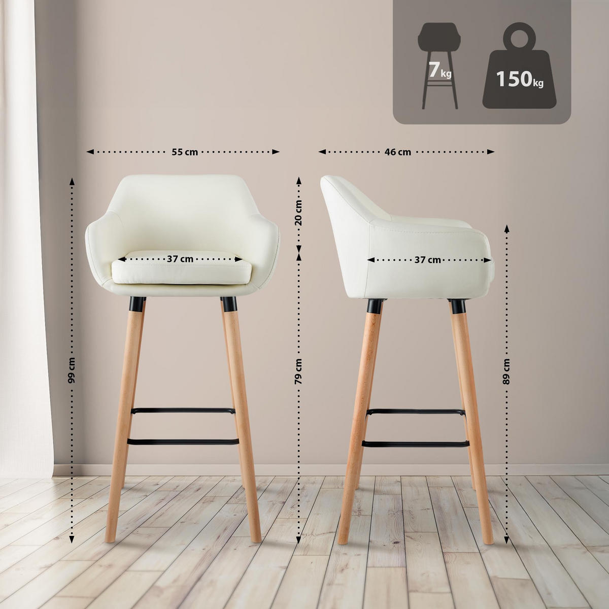 BARHOCKER Grant Massivholz 99x55x46 cm creme - Creme, Leder (55/99/46cm) - furnicato
