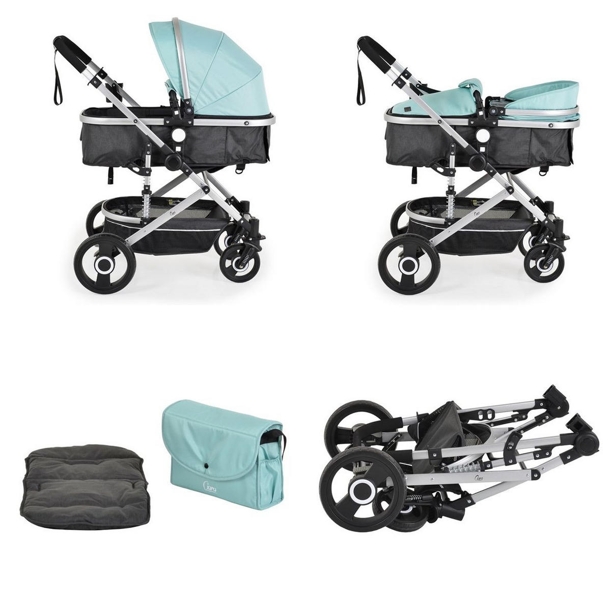 KINDERWAGEN Ciara blau schwarz Tragetasche Sportsitz Wickeltasche faltbar Sitz umkehrbar - Pastellblau, Metall (94/63/103cm) - Moni