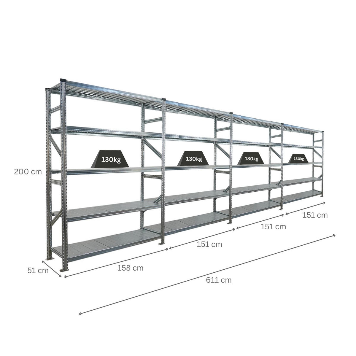 FACHBODENREGAL Proximo Stecksystem 200x600x50cm 5 Ebenen Fachlast 130 kg Beidseitig nutzbar Verzinkt - Silberfarben, Metall (600/200/50cm) - PROREGAL