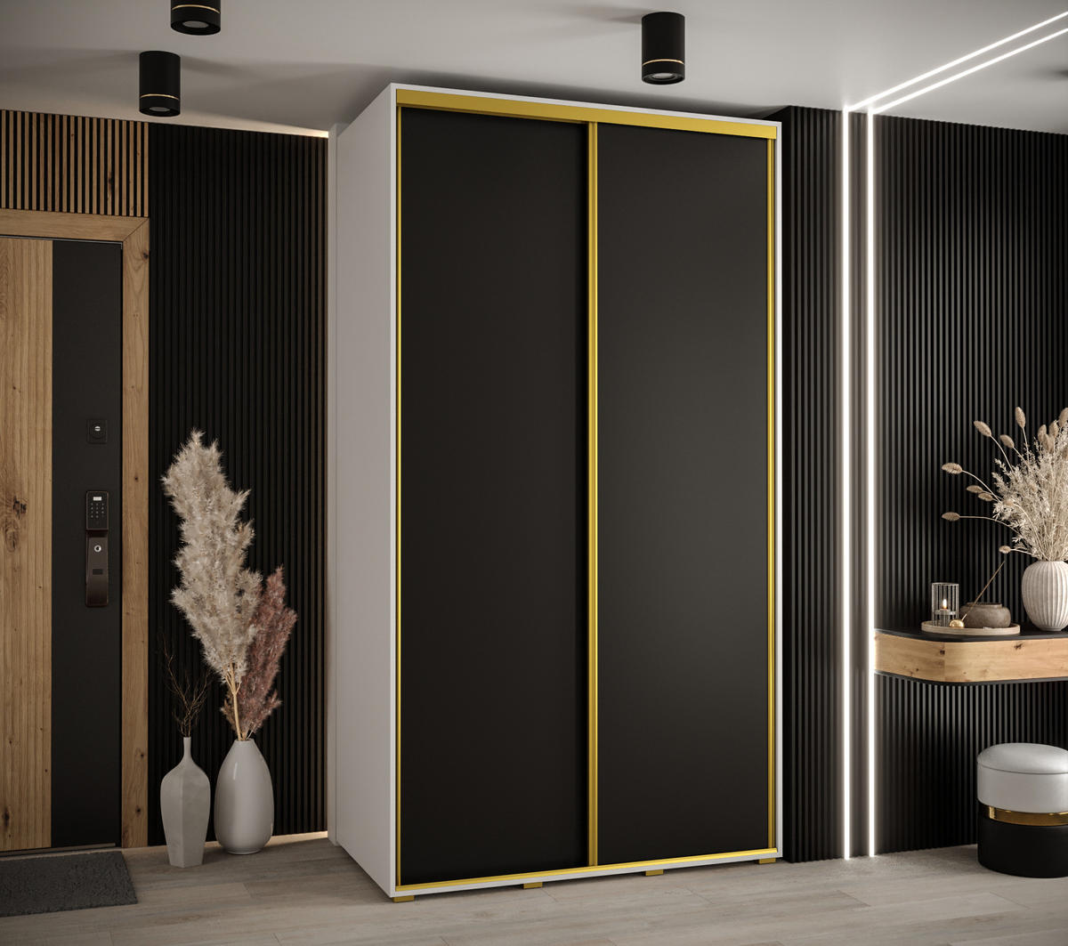 SCHWEBETÜRENSCHRANK 235,2/140/60 2-türig - Goldfarben/Schwarz, Holz/Metall (140/235/60cm) - Abiks Möbel