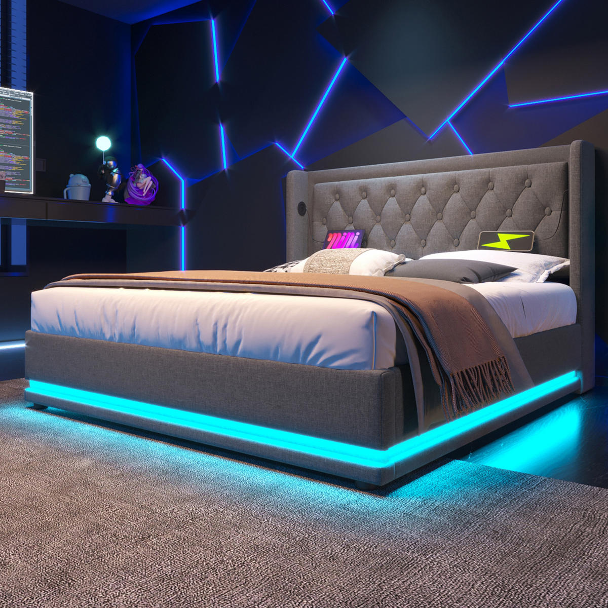 BETT mit Stauraum 140x200 cm Baumwolle Grau mit USB, Typ-C und LED - Grau, Metall (140/200cm) - Meubliv