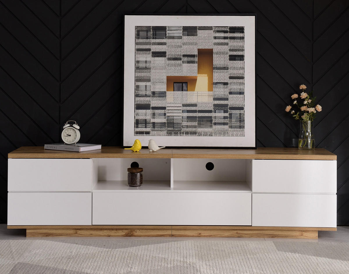 TV-LOWBOARD 180/38/46 cm mit 5 Türen und 2 offenen Fächern - Weiß, Holzwerkstoff (180/46/38cm) - BEAOK