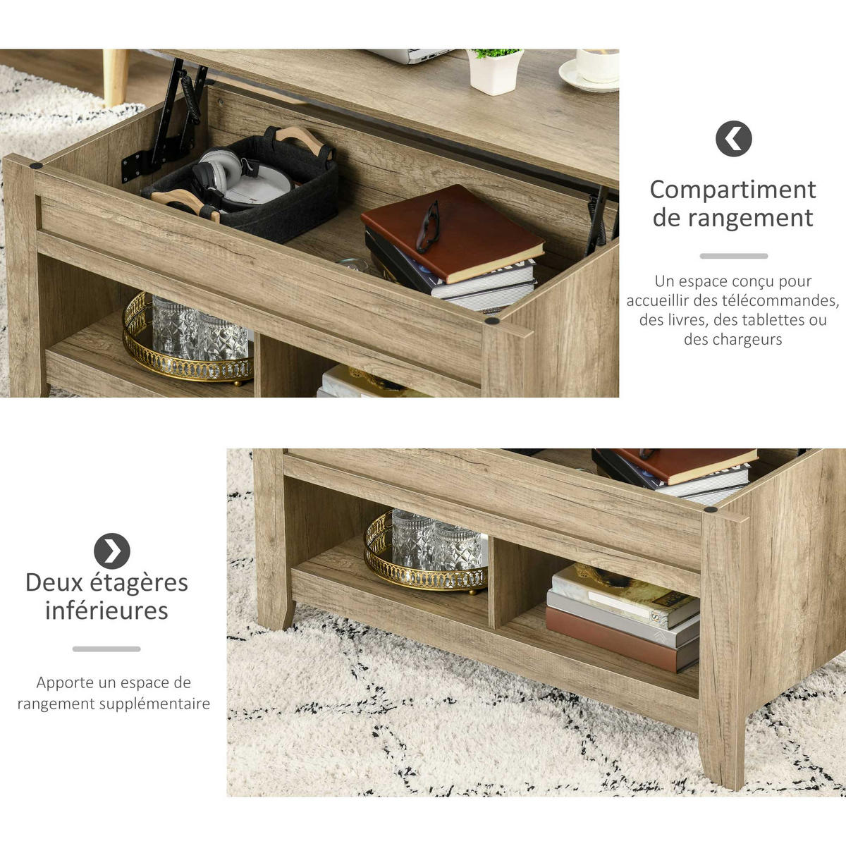 COUCHTISCH DE-15733 klappbare Platte, 105x50x49-62,5 cm Hell Eiche - Eichefarben, Holzwerkstoff (105/74/61.5cm) - ComfortXL