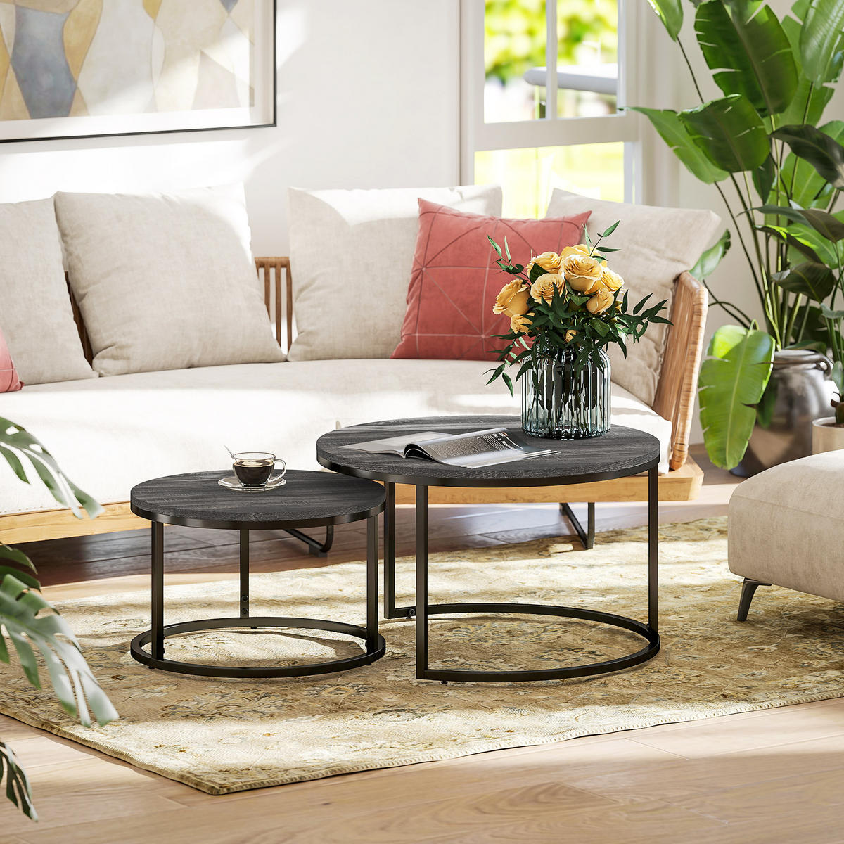 COUCHTISCH rund 2er Set Stapelbarer Beistelltisch mit Metallrahmen, Schwarz - Dunkelgrau, Metall (78.5/78.5/46.5cm) - HOMCOM