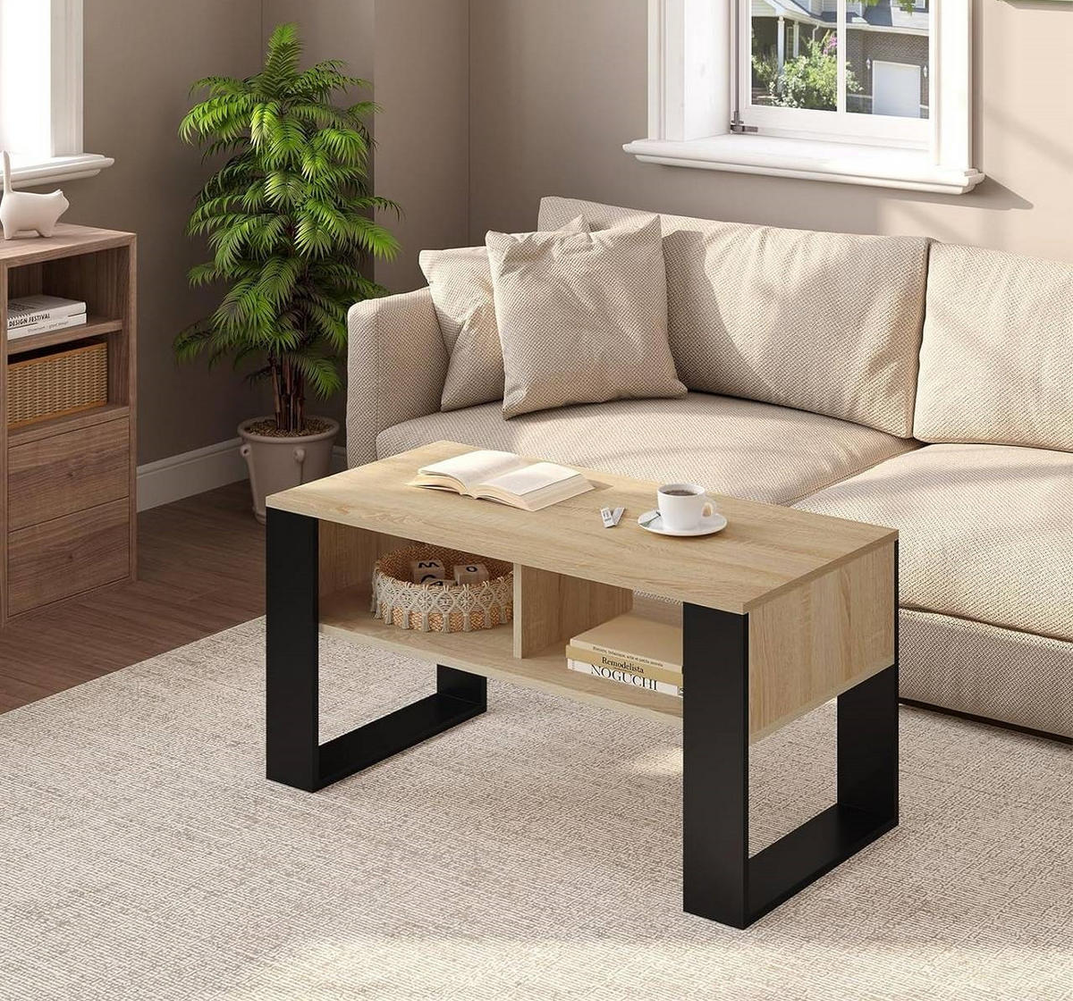 COUCHTISCH mit 2 offene Fächer, Hell Eiche - Ahornfarben/Schwarz, Holzwerkstoff (45/90/45.5cm) - Woltu