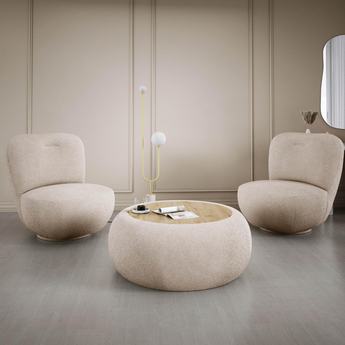 DREHSESSEL LUIS, Freistehend, Sitz drehbar 360°, 39x82x56 cm, PULVERWEISS - Sandfarben, Holz/Textil (82/72/66cm) - DomoHome
