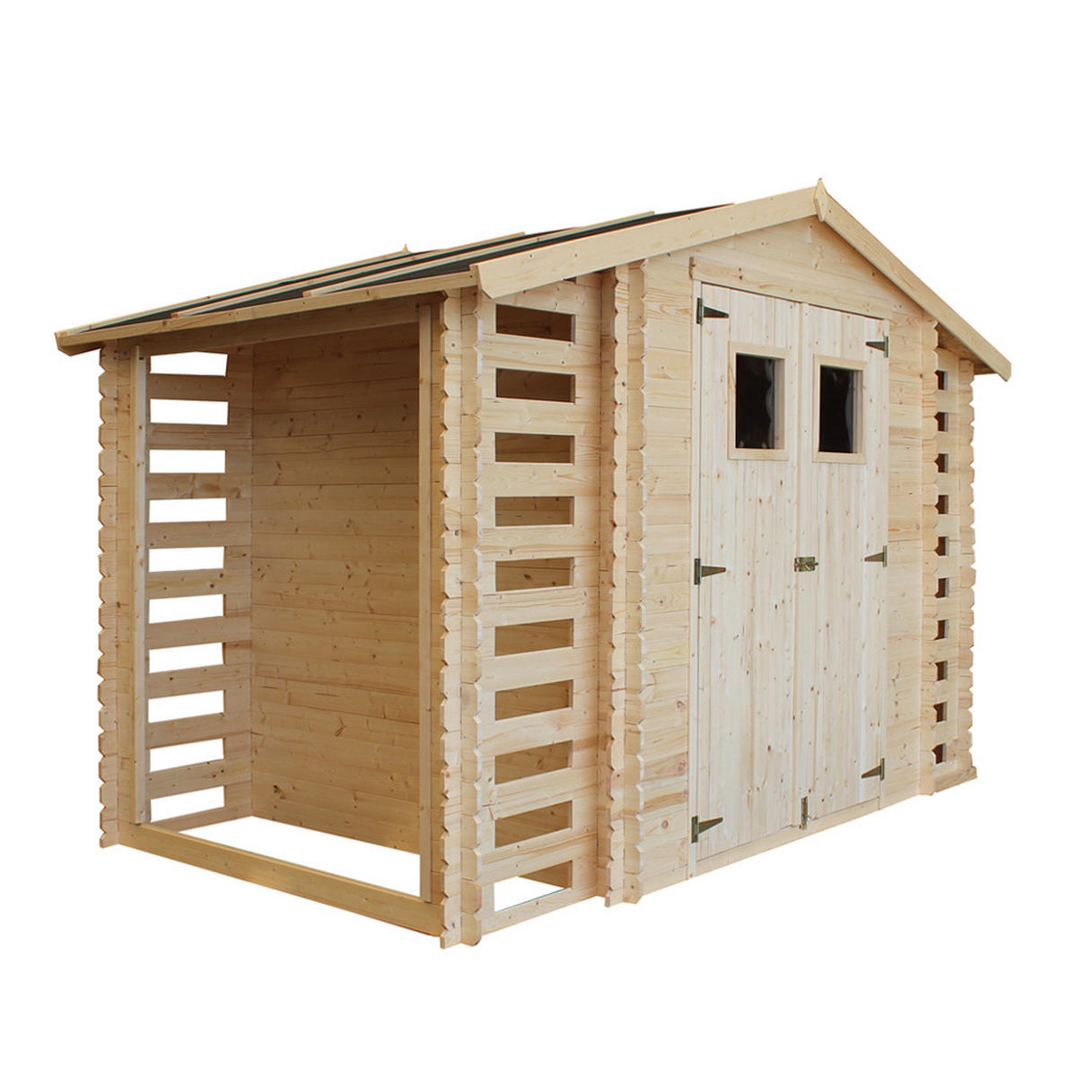 HOLZHAUS GARTENHAUS mit Brennholzschuppen M391 - B328xL206xH218 cm/ 3,53 + 0,97 + 0,97 m2 - Beige, Holz (328/218/206cm) - Timbela