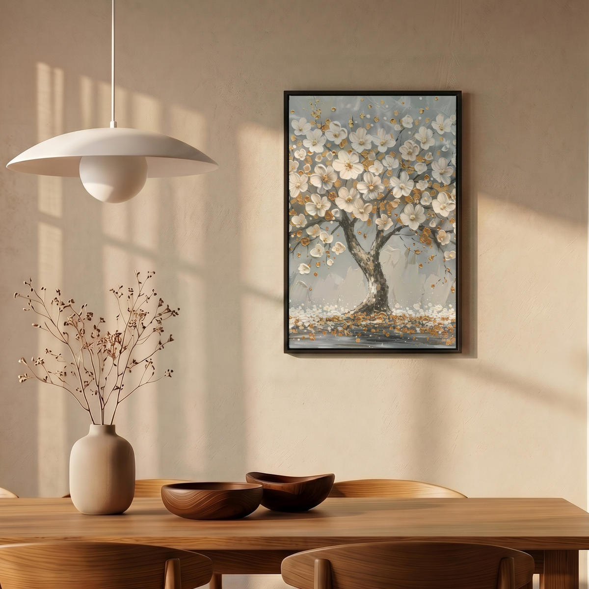 LEINWAND Bilder mit Rahmen - Baum - Blumen - Weiß - Natur - Kunst - 40x60 - Weiß, Textil (40/60cm) - MuchoWow