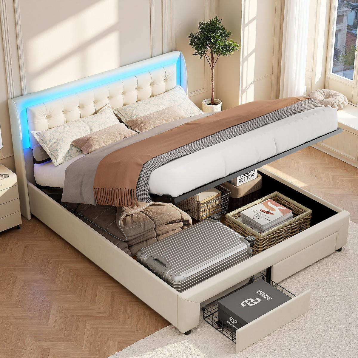 POLSTERBETT 160x200 cm mit LED, 2 Schubladen, Samt, Beige - Beige, Metall (160/200cm)