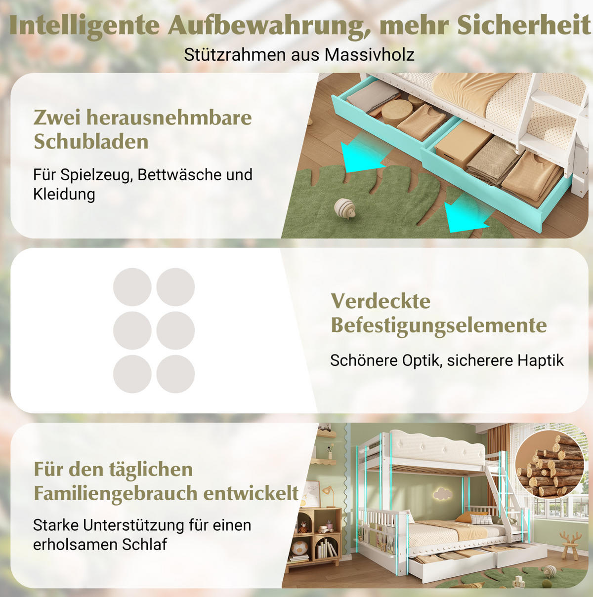 ETAGENBETT aus Kiefernholz 140x200 cm Weiß mit Schubladen, Zeitschriftenständer und Sicherheitsgeländer - Weiß, Holz (140/200cm) - Modfu