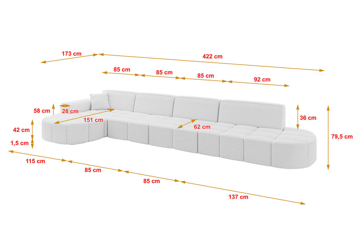 ECKSOFA Ottomane Links LIVO-L3 - 422x173x79,5 cm Weiß - Weiß, Holzwerkstoff/Textil (422/173cm) - ALTDECOR