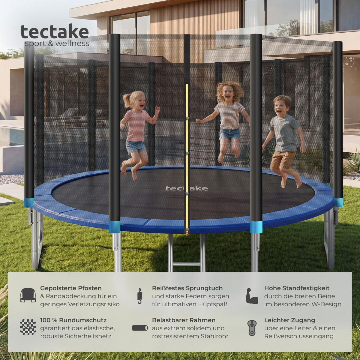 TRAMPOLIN Garfunky, inklusive Einstiegsleiter, schwarz/blau - Blau/Schwarz, Metall (427/260/427cm) - tectake
