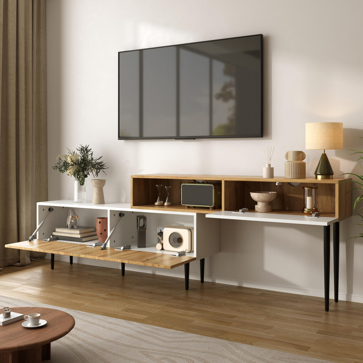 TV-SCHRANK modular verstellbar 120-240 cm Weiß Holzoptik 2er-Set - Weiß, Holzwerkstoff (30/63.5/220cm) - Beauniv