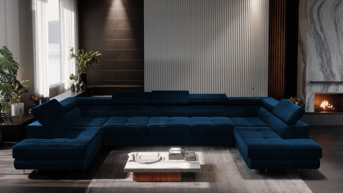 ECKSOFA U-Form WILD MAXI U2 mit Schlaffunktion 125x329 Velours Dunkelblau - Chromfarben/Dunkelblau, Holz/Textil (400/90/203cm) - Muffo