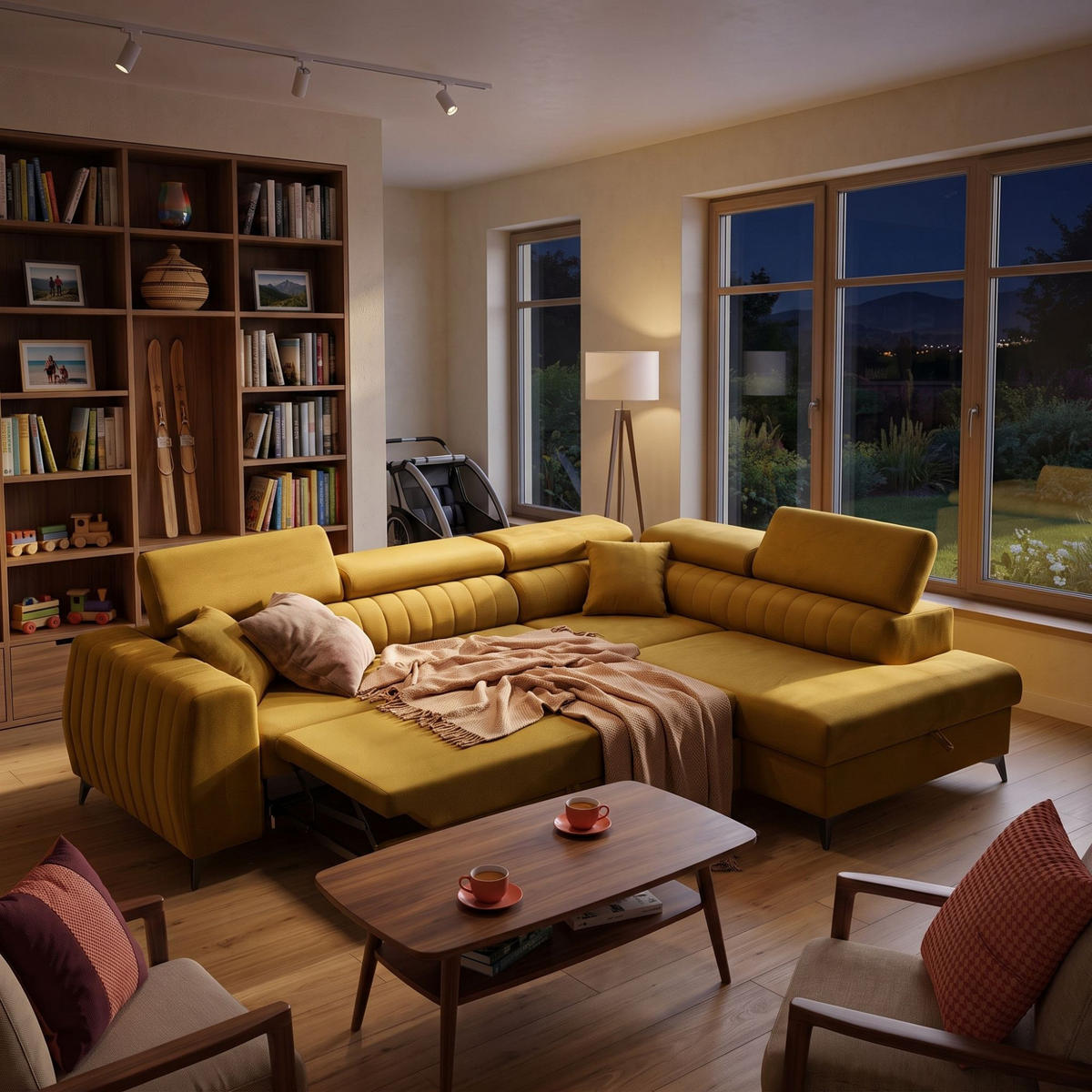 ECKSOFA PIERO L Rechts mit Schlaffunktion 195x125 Velours Gold - Goldfarben/Schwarz, Holz/Textil (203/268cm) - Muffo
