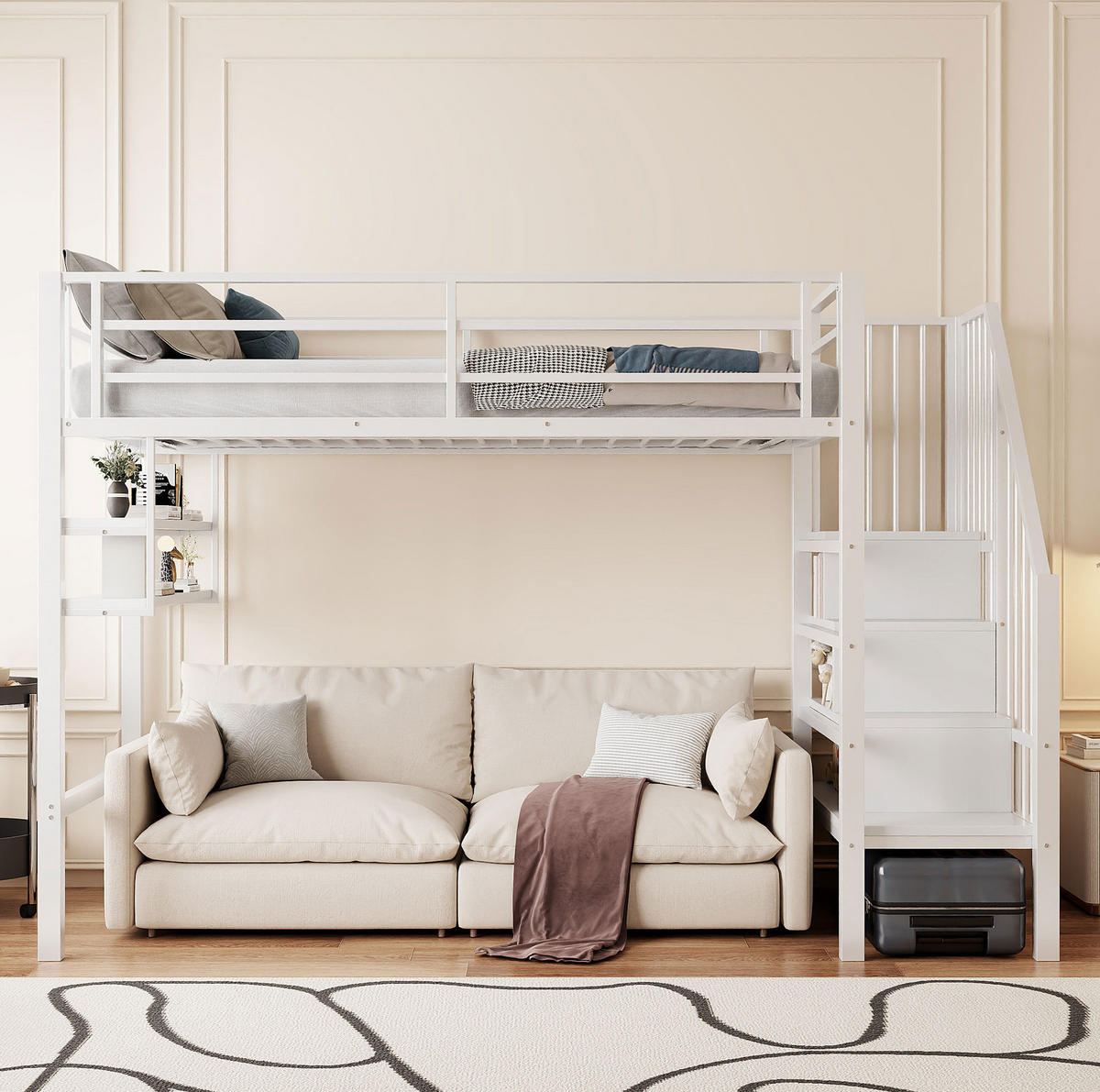 HOCHBETT 90/200 cm Weiß aus Metall und MDF mit Stauraumleiter - Weiß, Metall (90/200cm) - OKMYHOME