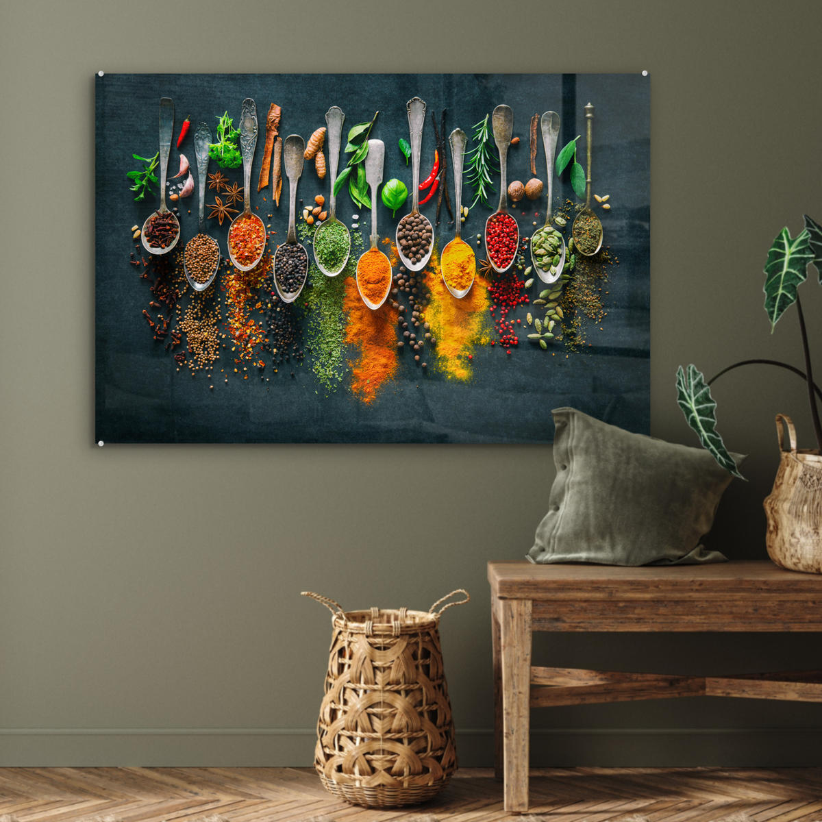 ACRYLGLASBILD Kräuter - Gewürze - Löffel 120x80 cm - Currygelb, Glas (120/80cm) - MuchoWow