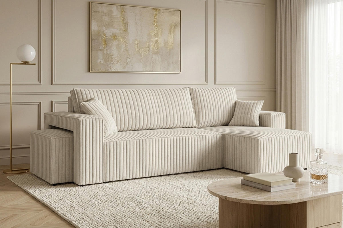ECKSOFA Mit Schlaffunktion Und Pouf, Cordstoff Tilia, Ecru, Rechts, Best L Mit Pouf - Ecru, Holz (244/145cm) - Kaiser Möbel