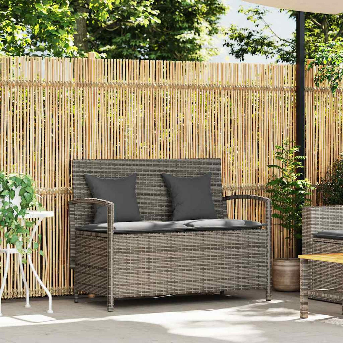 GARTENBANK Mit Stauraum Und Kissen Grau Poly Rattan - Grau, Kunststoff (56/87/111cm) - vidaXL