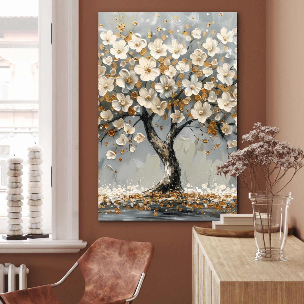 METALLBILD Baum - Blumen - Weiß - Natur - Kunst 60x90 cm - Weiß, Metall (60/90cm) - MuchoWow
