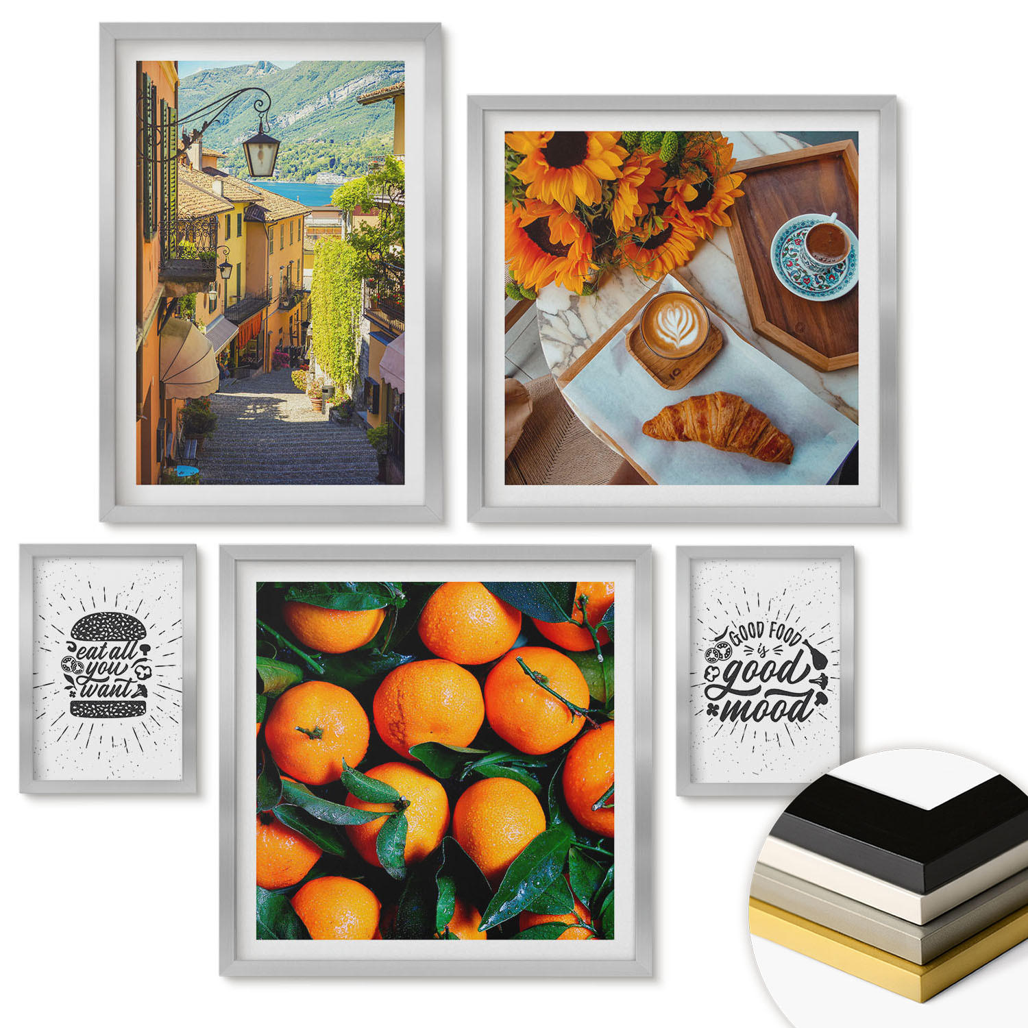 WANDBILDER 5er Set - 50x50 cm & 20x30 cm & 40x60 cm Silberner Rahmen - Juicy Oranges Kitchen - Silberfarben, Kunststoff (40/60cm) - ArtPrintCave