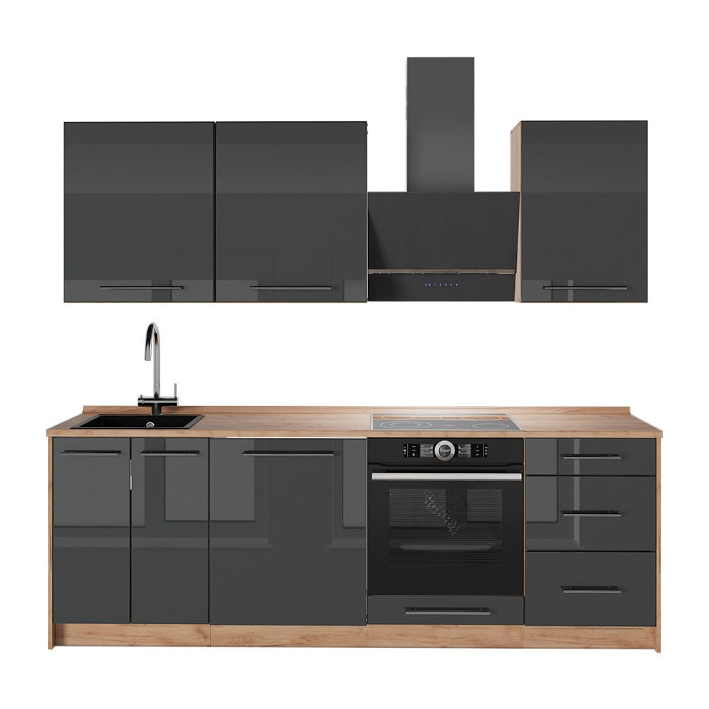 KÜCHENZEILE Fame-Line, Anthrazit Hochglanz/Goldkraft Eiche, 230 cm, AP Eiche - Honigeiche/Schwarz Hochglanz, Holzwerkstoff (230/82/60cm) - Vicco